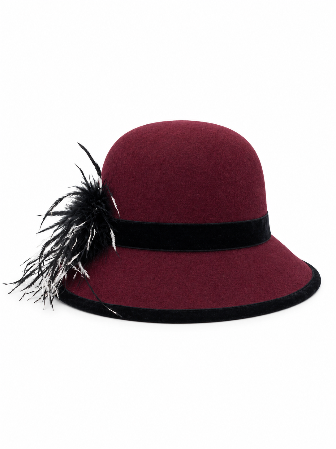 Cappello Cloche in feltro bordeaux con piume