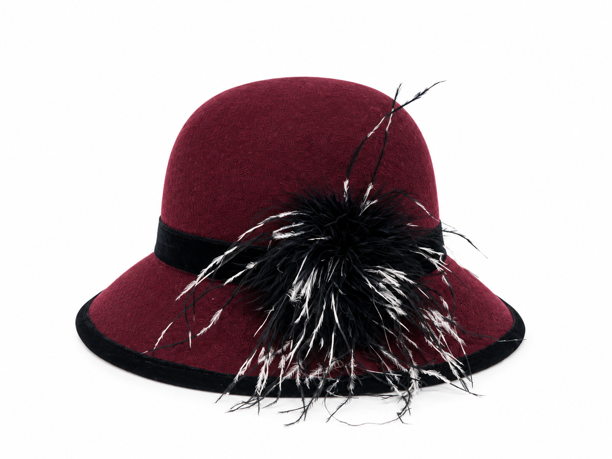 Cappello Cloche in feltro bordeaux con piume