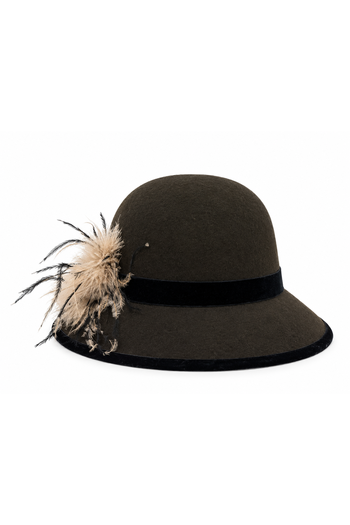 Cappello cloche in feltro marrone con piume