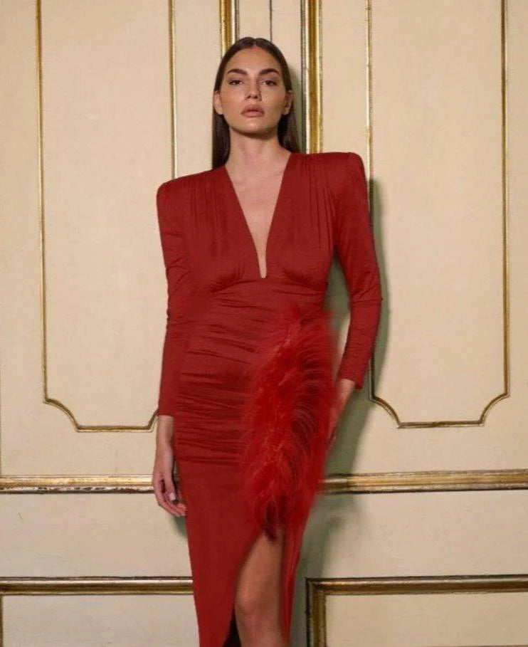 Abito Fallon con piuma Rosso