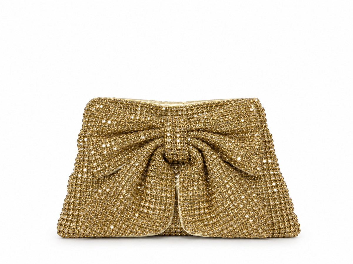 Clutch dorata con fiocco scintillante