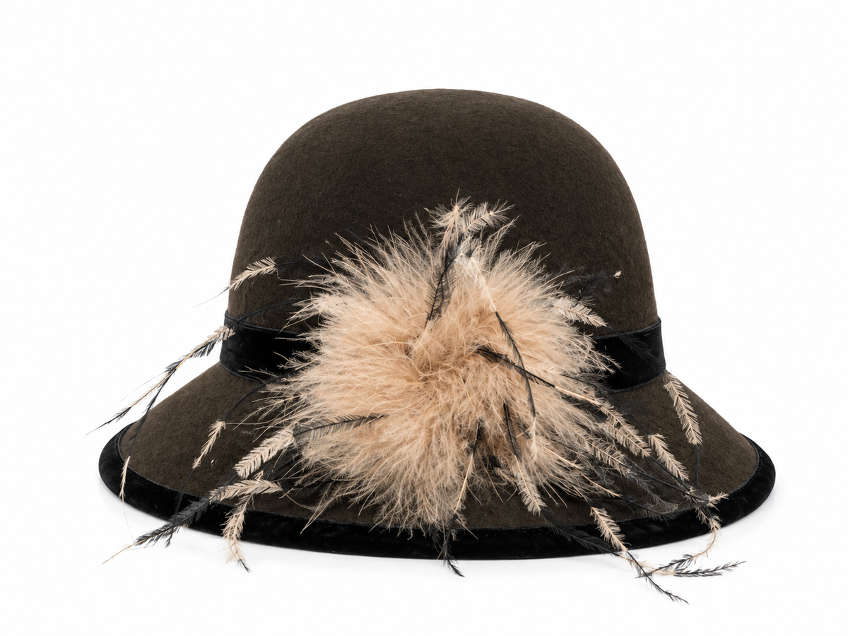 Cappello cloche in feltro marrone con piume